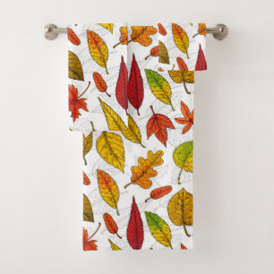 Autumn leaves on white bath towel set