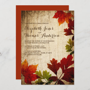 Autumn Leaves on Wood Rustic Fall Wedding Invitation