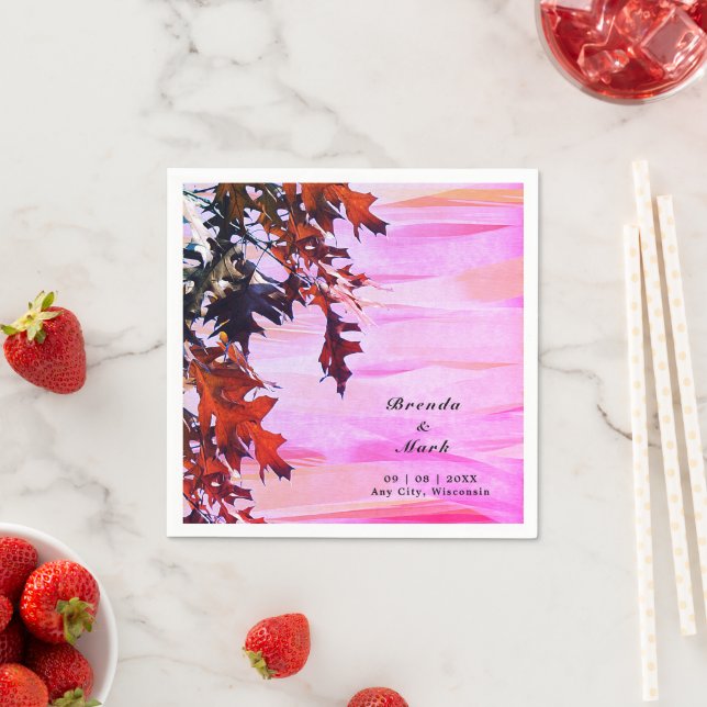 Autumn Leaves Orange Pink Swirl Wedding Napkins (Insitu)