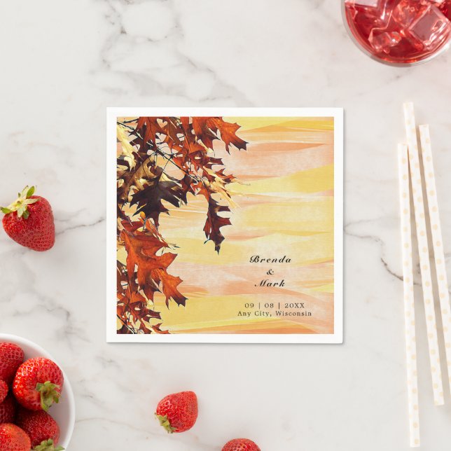 Autumn Leaves Orange Yellow Swirl Wedding Napkin (Insitu)