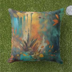 Autumn Leaves paint Teal Rust Gold Abstract Cushion
