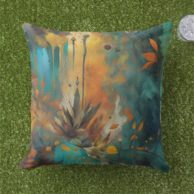 Autumn Leaves paint Teal Rust Gold Abstract Cushion (Grass)