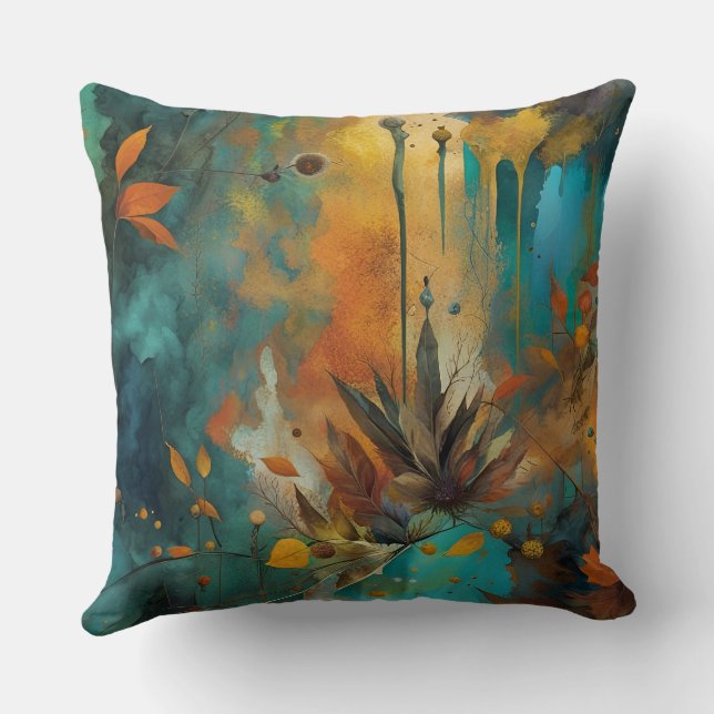 Autumn Leaves paint Teal Rust Gold Abstract Cushion (Back)