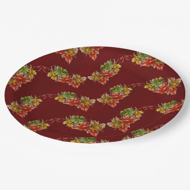 Autumn Leaves Pattern Burgundy Red Paper Plates (Angled)