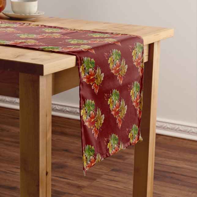 Autumn Leaves Pattern Burgundy Red Table Runner (In Situ)