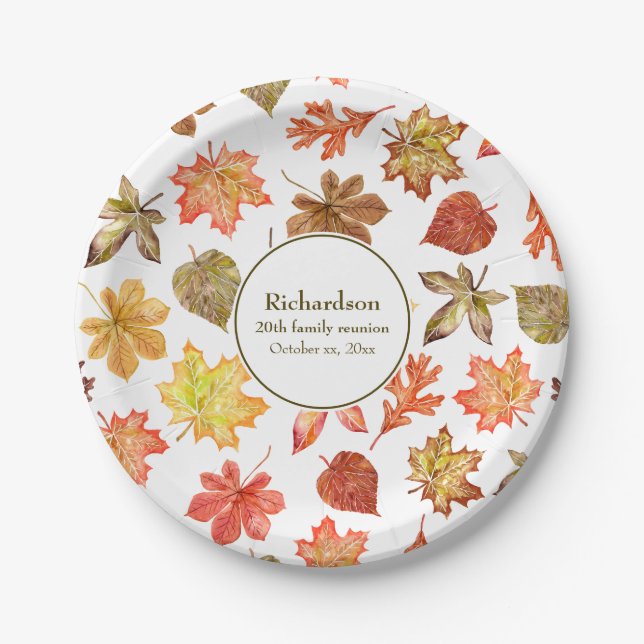 Autumn leaves pattern fall family reunion paper plate (Front)