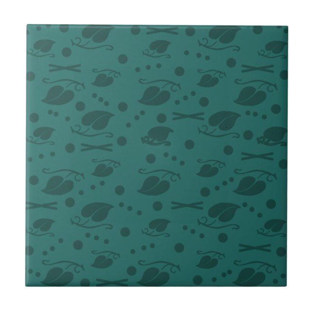 Autumn Leaves Pattern Teal Ceramic Tile (Front)