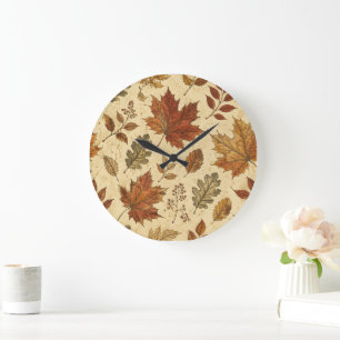 Autumn Leaves Pattern – Vintage Fall Botanical Large Clock