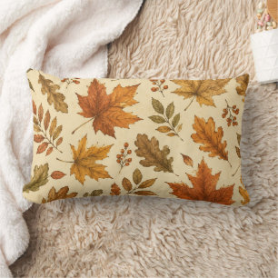 Autumn Leaves Pattern Watercolor Fall Foliage Lumbar Cushion