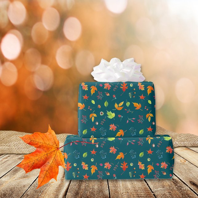 Autumn Leaves Pattern Watercolor Green Wrapping Paper (Creator Uploaded)