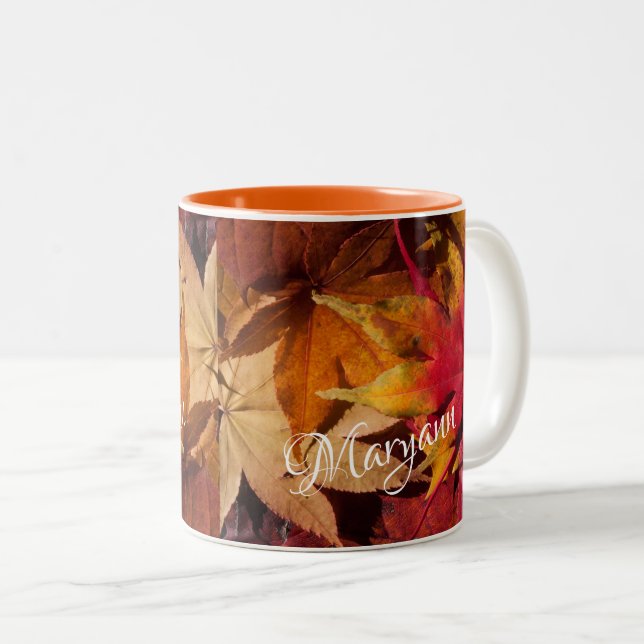 Autumn Leaves Personalised Name Two-Tone Coffee Mug (Front Right)