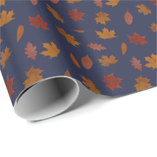 Autumn Leaves Photographic on Blue Custom Colour Wrapping Paper