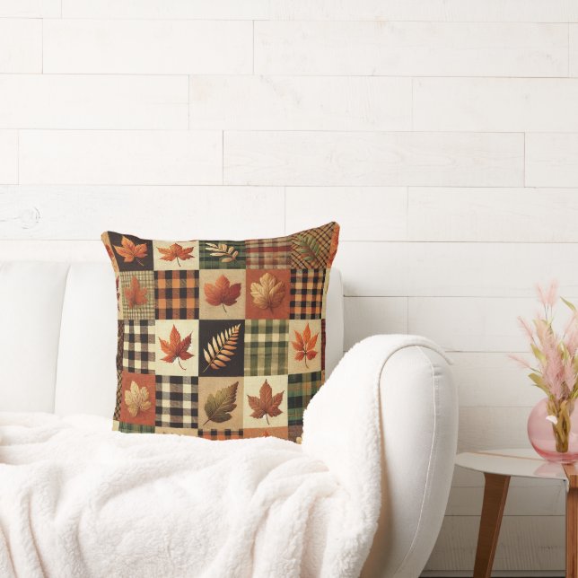 Autumn Leaves & Plaid 20x20 Cushion: Cosy Fall Vib Cushion (Couch)