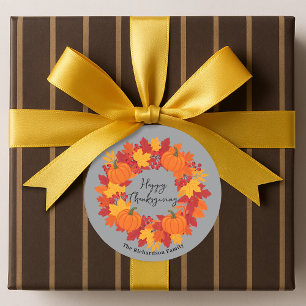 Autumn Leaves Pumpkin Berry Wreath Family Name Classic Round Sticker