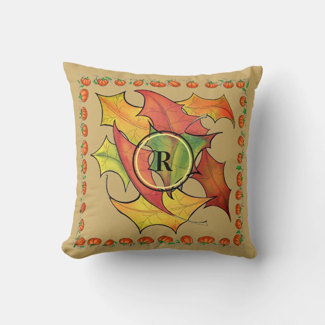 Autumn Leaves Pumpkin Border Monogrammed Cushion (Front)