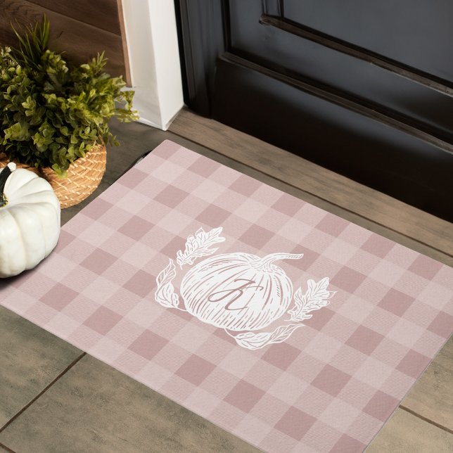  Autumn Leaves Pumpkin Custom Monogram Pink Plaid Doormat (Autumn Leaves Pumpkin Custom Monogram Pink Plaid Doormat)