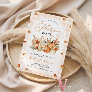 Autumn Leaves Pumpkin Gingham Thanksgiving Party Invitation