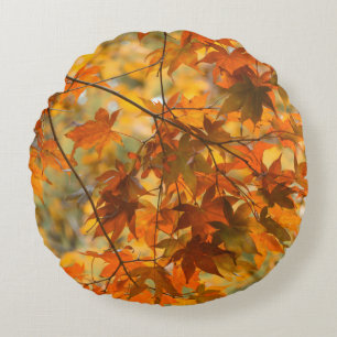 Autumn Leaves Pumpkin Orange Cotton Round Cushion