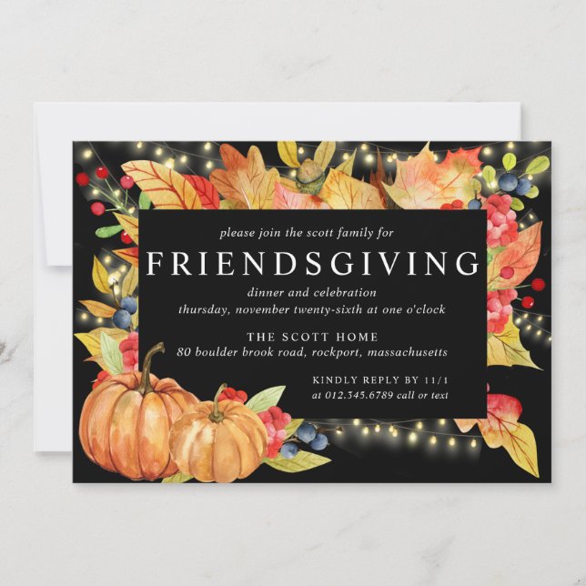 Autumn Leaves Pumpkin String Lights Friendsgiving Invitation (Front)