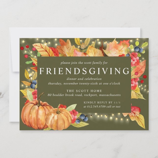 Autumn Leaves Pumpkin String Lights Friendsgiving Invitation (Front)