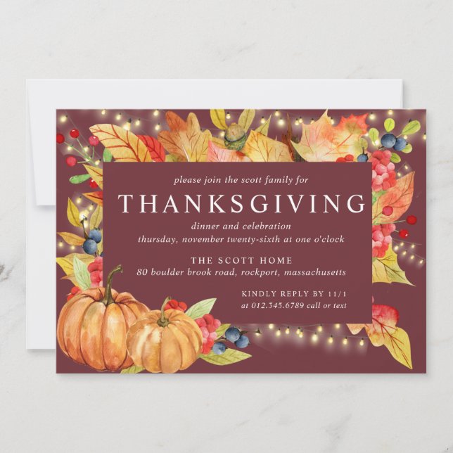 Autumn Leaves Pumpkin String Lights Thanksgiving I Invitation (Front)