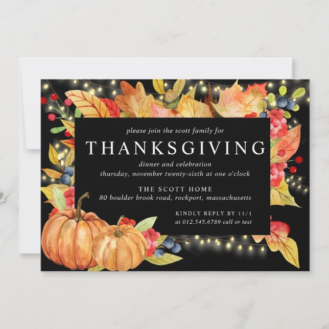 Autumn Leaves Pumpkin String Lights Thanksgiving Invitation (Front)