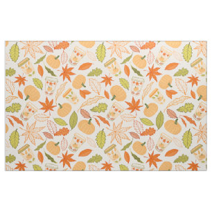 Autumn Leaves, Pumpkins and Coffee Cups Fabric