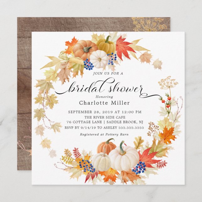 Autumn Leaves Pumpkins Bridal Shower Invitation (Front/Back)