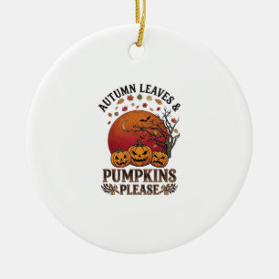 Autumn Leaves Pumpkins Please Halloween Bats Trees Ceramic Ornament