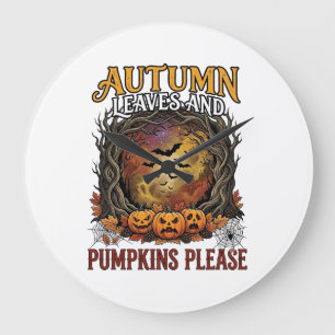 Autumn Leaves Pumpkins Please Halloween Spooky Tre Large Clock