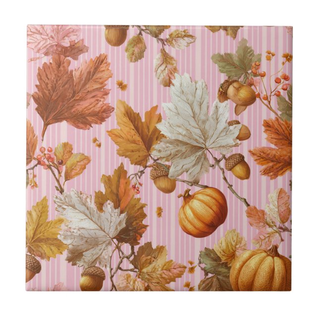 Autumn Leaves & Pumpkins Seamless Pattern Ceramic Tile (Front)