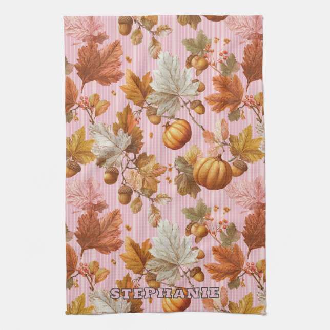 Autumn Leaves & Pumpkins Seamless Pattern Tea Towel (Vertical)