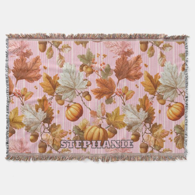 Autumn Leaves & Pumpkins Seamless Pattern Throw Blanket (Front)