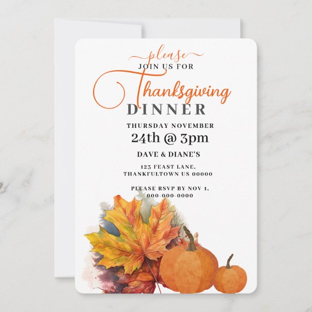 Autumn Leaves& Pumpkins Thanksgiving  Invitation (Front)