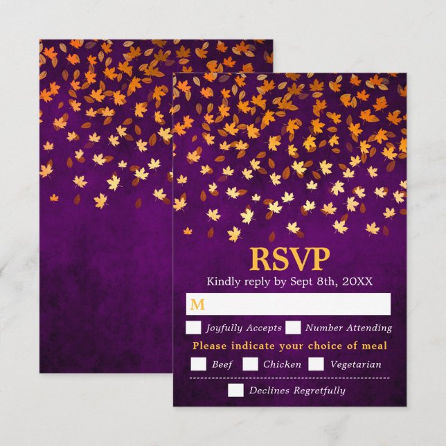 Autumn Leaves Purple Grunge Wedding Meal Choice RSVP Card (Front/Back)