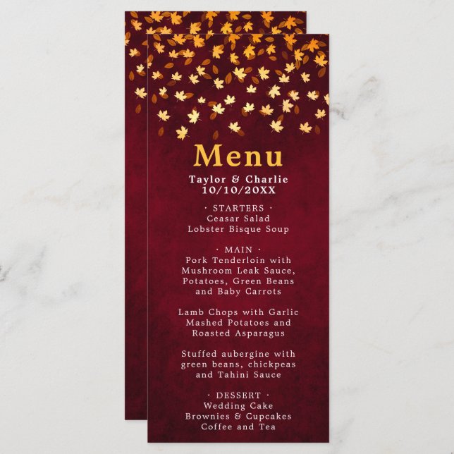 Autumn Leaves Red and Gold Wedding Menu (Front/Back)