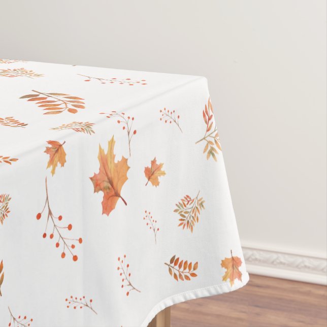 Autumn Leaves Red Berries White Tablecloth (In Situ)