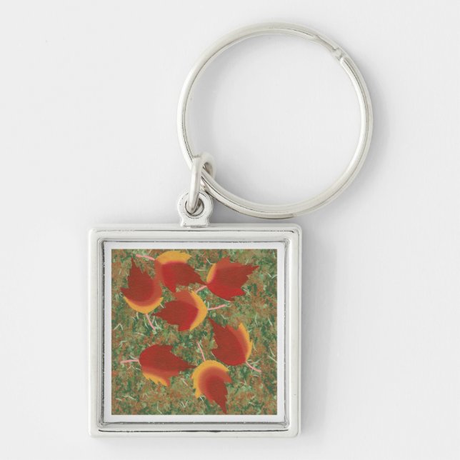 Autumn Leaves Red Maple Abstract on Grass Key Ring (Front)