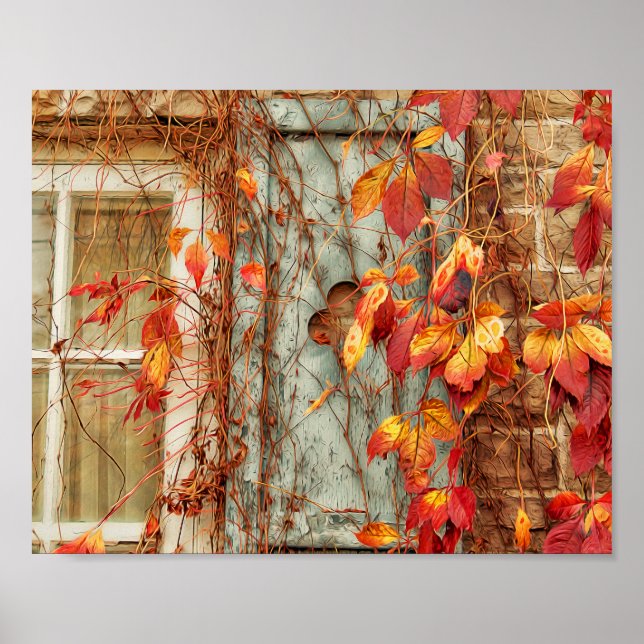 Autumn Leaves Red Orange Country Antique Window Poster (Front)