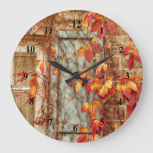 Autumn Leaves Red Yellow Country Antique Window Large Clock