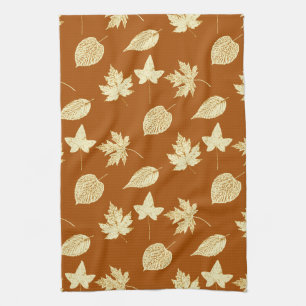 Autumn leaves - rust brown and cream tea towel