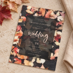 Autumn Leaves Rustic Dark Wood Wedding Invitation