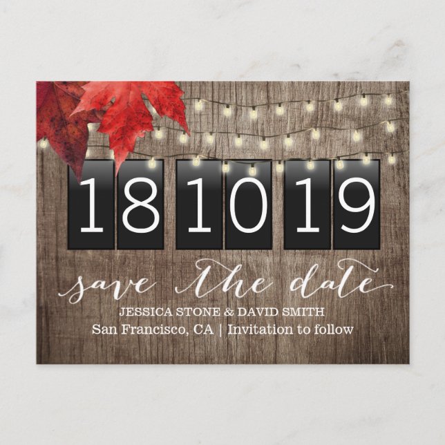 Autumn Leaves Rustic Fall Wedding Save the Date Announcement Postcard (Front)