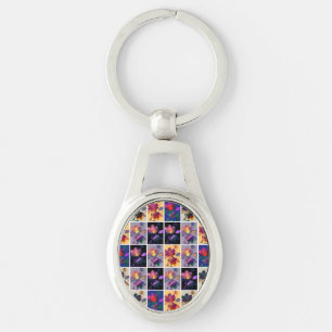 Autumn Leaves Rustic Patchwork Quilt Collage Key Ring