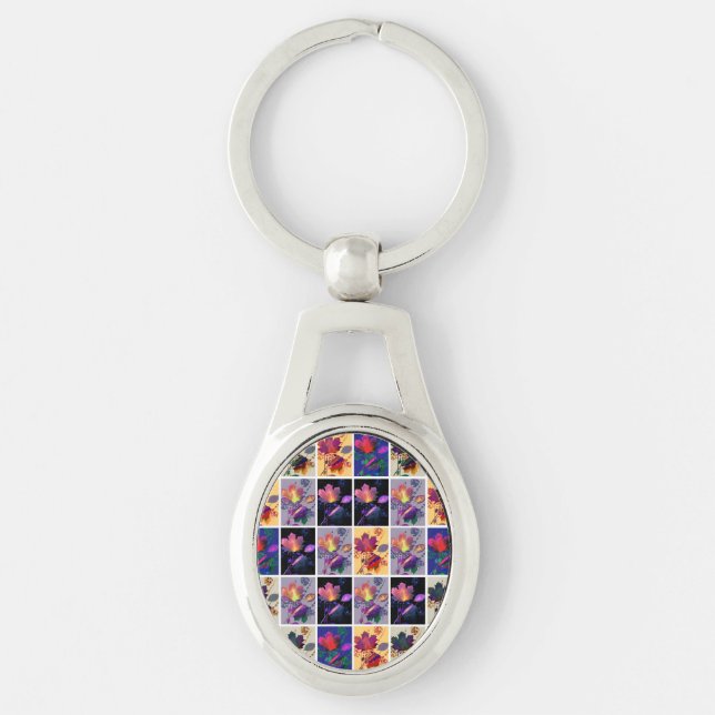 Autumn Leaves Rustic Patchwork Quilt Collage Key Ring (Front)
