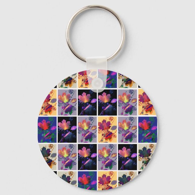 Autumn Leaves Rustic Patchwork Quilt Collage Key Ring (Front)