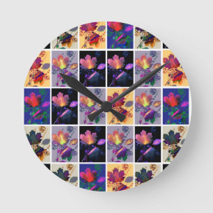 Autumn Leaves Rustic Patchwork Quilt Collage Round Clock