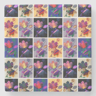 Autumn Leaves Rustic Patchwork Quilt Collage Stone Coaster