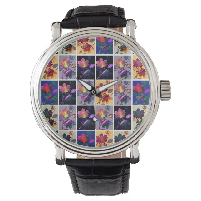 Autumn Leaves Rustic Patchwork Quilt Collage Watch (Front)