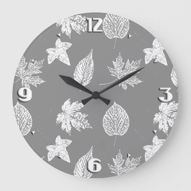 Autumn leaves - silver grey and white large clock (Front)